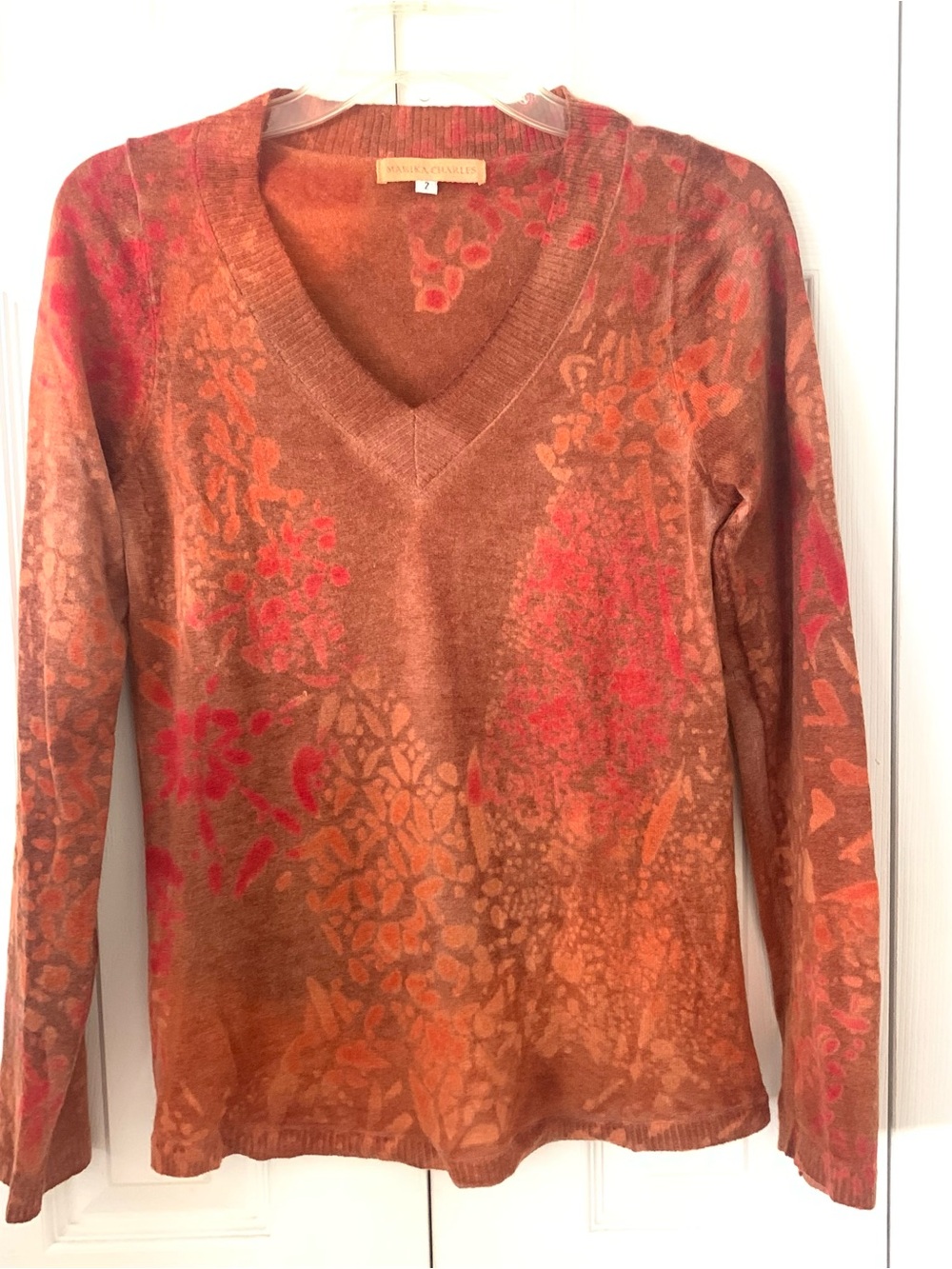 Marika Charles Burnt Orange & Coral V-Neck Floral Sweater